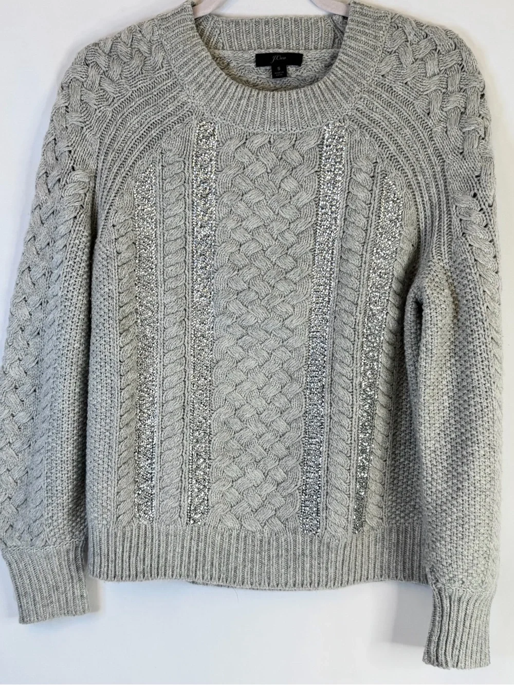 J. Crew Women Small Gray Cable Knit Sweater Sequins Merino Wool Cozy Warm Winter